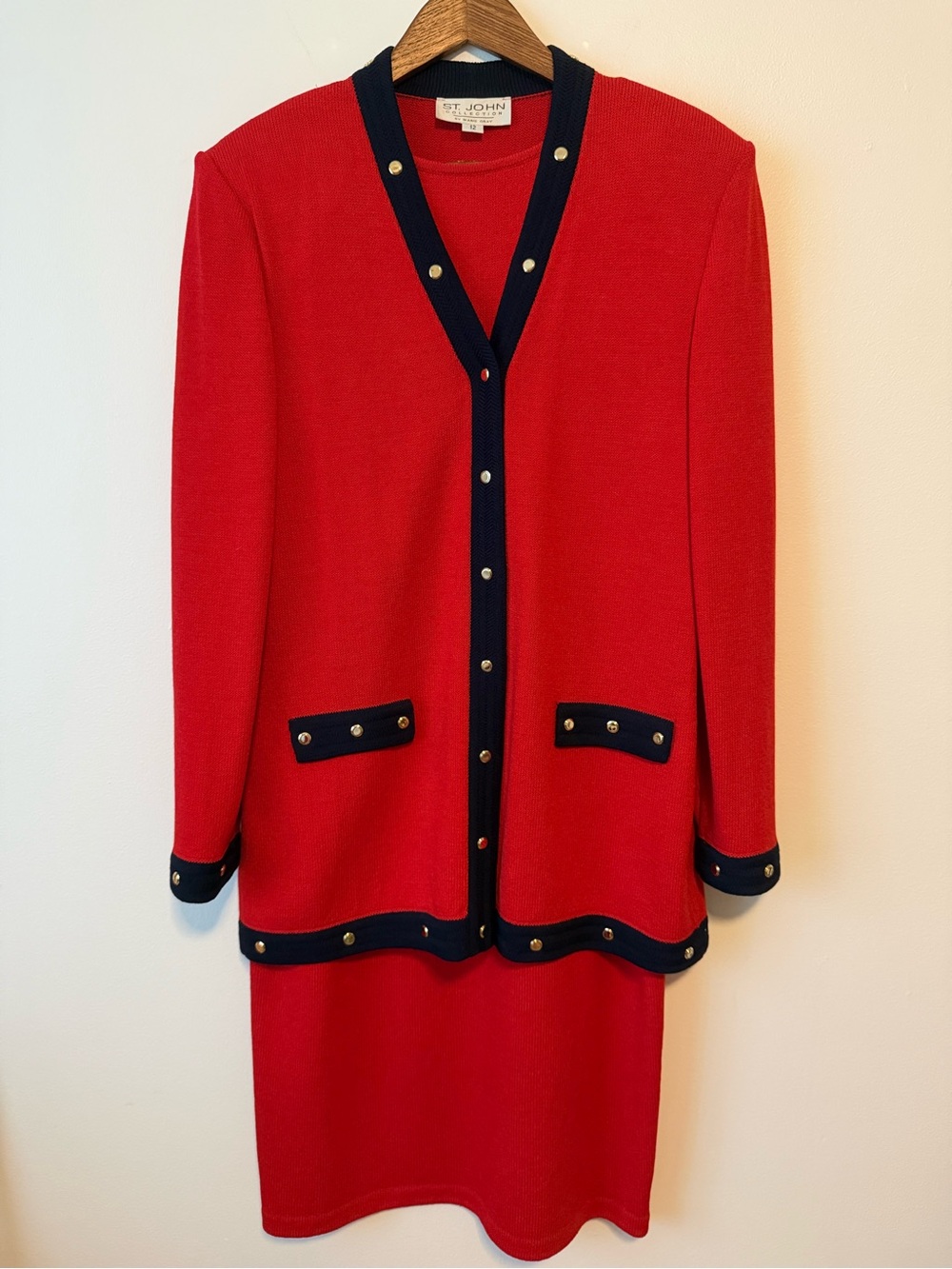 Vintage St. John Collection 2 Piece Red Dress & Snap-Up Cardigan with Navy Trim